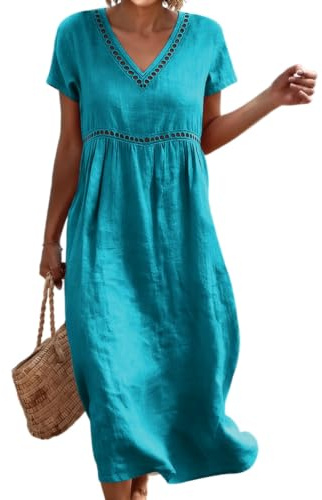Onsoyours Robe D'Été Femme Longue Boheme Élégant Manches Courtes Midi Dress en Coton Lin Plage Décontractée Chic Trapèze Légère Fluide Robes Soirée