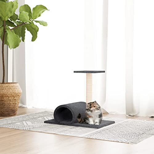 QUAHEAS Arbre à chat avec tunnel et plateforme - Gris foncé - 60 x 34,5 x 50 cm - Colonne à gratter en sisal - Housse en peluche - Meuble stable pour escalade, entretien des griffes, cacher et se