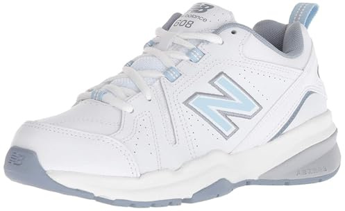 New Balance Women's 608 V5 Casual Comfort Cross Trainer, White/Light Blue, 8.5