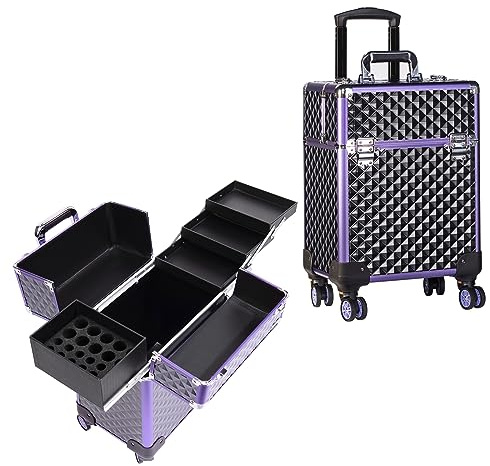 Joligrace Professional Makeup Trolley Cosmetic Vanity Box Make Up Case Organiser Beauty Rolling Box Beauty Trolley on Wheels Nail Technician Case, Black-Purple
