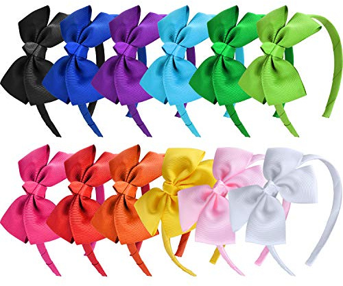 SIQUK 12 Pieces Bow Headband Grosgrain Ribbon Headband with Bow Hair Accessories for Girls, 12 Colours (Bonus: 1 Pc Storage Bag)