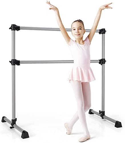 Costzon Portable Ballet Barre, 7”-47” Adjustable Double Freestanding Ballet Bar w/Stable Base, 4FT Fitness Ballet Bar for Kids Adults, Heavy-Duty Dancing Stretching Bar for Home (Silver)