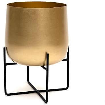 Olly & Rose Gold Plant Pot with Black Plant Stand - Gold Planters Large Indoor