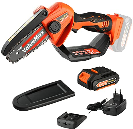 ValueMax Akku Kettensäge 20V, 11CM/4 Zoll kleine Kettensäge mit 2,0 Ah Akku und Ladegerät inkl. Sicherheitsschloss Einhand Kettensäge Akku Handkettensäge für Bäume, Astwälder