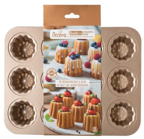 Decora, 0070104 Stampo Gold Line Tortine, 12 Cavità Ø 5,5 x 4,5 cm, Ideale per preparare delle graziose tortine, In Robusto Metallo Antiaderente