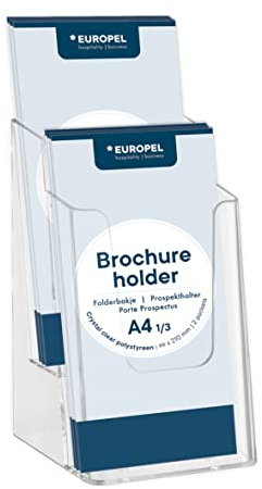 Europel 350105 - Soporte para folletos y folletos de 2 niveles para un documento plegado en 1/3 de tamaño A4, folleto de construcción de acrílico transparente, dispensador de menú de folleto, oficina,
