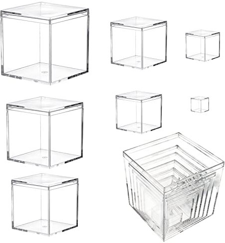 7 Stück Acrylbox mit Deckel Kleine Transparente Quadratische Acrylbox Quadratische Acryl Boxen Schmuckkästchen Klein Aufbewahrungsboxen mit Deckel Box In Box für Hochzeit Geburtstag (2,5-10cm)
