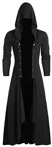 Steampunk Herren Jacke mit Kapuze- Gothic Frack Herren Mantel -Punk Umhang Herren Strickjacke Mittelalter Vintage Umhangjacke Lange Mäntel für Männer Halloween Kostüm Karneval Party Cosplay Kleidung