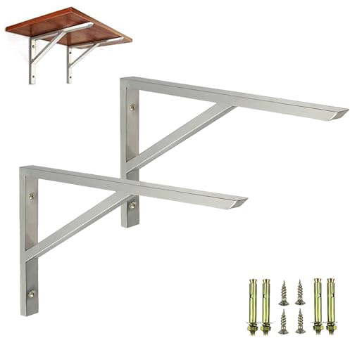 2 Stück Regalwinkel Schwerlast Regalhalterung Edelstahl Dreieckig Regalträger Dicke 13 mm Metall Regalhalter für Wandmontage,für Wohnzimmer Büro,mit Schrauben,Silber (600mm x 305mm)