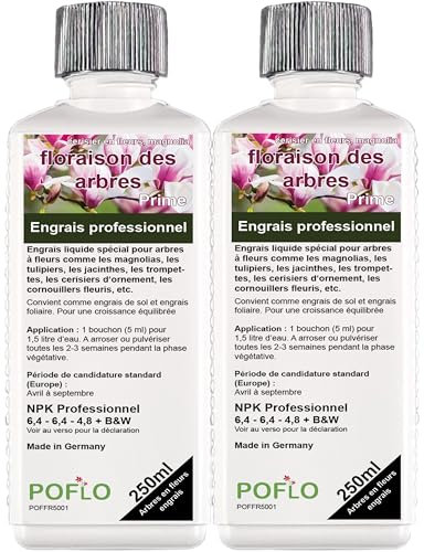 POFLO Arbres à fleurs Engrais complet HIGH-TECH NPK pour plantes, engrais pour magnolias, tulipiers, jacinthes, trompettes, cerisiers d'ornement, cornouillers fleuris, etc. (500 ml)