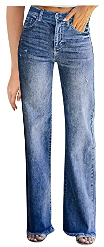 Damen Jeans Stretch-Denim lässige Taschen Gerade Lange Einfarbige Hose Sommer Weiblich Weite Beine Lockere Jeanshose Übergröße (Blue, XXL)