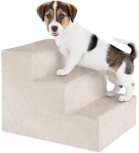 tectake® Hundetreppe oder Katzentreppe, Haustiertreppe, Einstiegshilfe mit waschbarem Bezug, extra Flache Treppenstufen, Tiertreppe für Sofa, Bett oder Auto (Sand, 37 x 45 x 34,5 cm, 3)