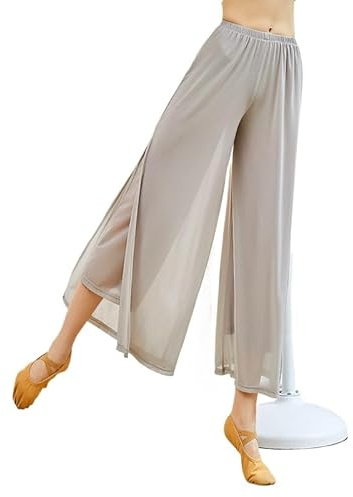 HEARTTOUCH Women's Chiffon Dance Trousers, Training Trousers, Belly Dance, Pilates, Yoga Trousers, Plain Lightweight Sports Trousers, Exercise Trousers, Wide Leg Trousers, Classic Dance Wear (Grey, S)