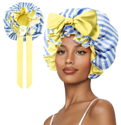 Vettres Silk Bonnet, Satin Hair Shower Cap for Sleeping Women 2025 Tie Band Adjustable Straps Head Wrap for Curly Hair Blue Stripe F