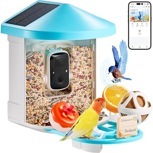 VEVOR Comedero Inteligente para Pájaros con Cámara 2K HD AI Identifica de Aves 2 Paneles Solares Cámara de Observación de Aves con Captura Automática y Notificación Instantánea para Exterior, Azul