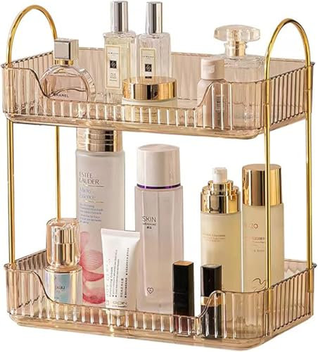LEIKOSUP Organizzatore di Trucco, Organizzatore di Cosmetici ad Grande Capacità, Organizzatore di Profumi,Organizer Trucchi Multifunzione per Toeletta,Camera da Letto, 2 Livello, Ambra