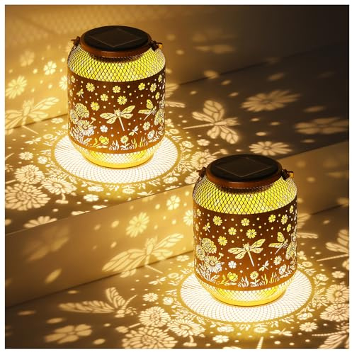 2 Pack Solar Lanterns Outdoor Waterproof Dragonfly Garden Decor Birthday Gifts for Women Mom Grandma Hanging Solar Lights Metal Decoration Outside for Yard, Patio, Backyard, Porch,Pathway