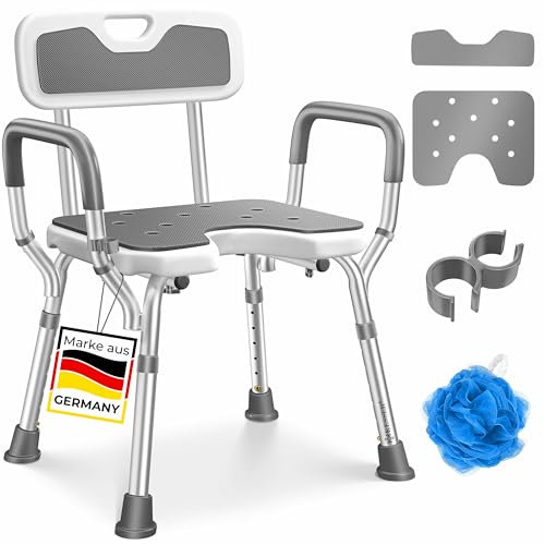 KESSER® Duschhocker mit Lehne für Senioren & Schwangere Duschsitz | Badhocker 150KG belastbar 6 Stufen 38-54cm höhenverstellbar | Duschhilfe Duschstuhl inkl. Antirutschfüße, Matten & Brausehalterung