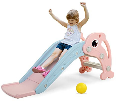 3 in 1 Dolphin Toddler Slide, Baby Slide Plastic Climber Playset with Basketball Hoop and Ball, Indoor and Outdoor Slide Playground for Kids, for Boys Girls Age 1 2 3 4 5 6 (Pink)