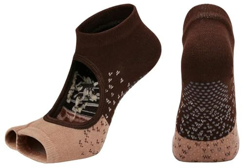 NYSDM 2 paia di calzini antiscivolo da donna senza dita per yoga barre pilates fitness palestra sport antiscivolo danza donna calzini, Marrone scuro, Taglia unica
