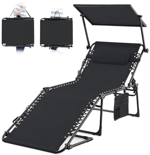 KING BIRD Sonnenliege mit Sonnenschutz,klappbar Liegestuhl 190x70x40cm,Gartenliege mit Verstellbarer Rückenlehne,inkl.Kopfkissen & Seitentasche - für Garten,Pool und Terrasse,Beige