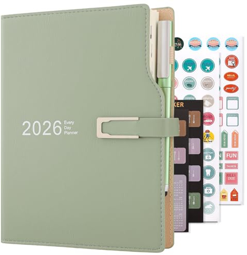 Academic Diary 2026 A5 Day to Page,Schedule Organizer with Calendar Stickers, Agenda Diary Planner with Pen Holder and Pen,Premium Thicker Paper 14 X 21.5 cm (Green)