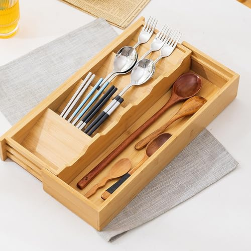 ZUSUZU Portaposate da Cassetto in Bambù,Porta Posate Cucina Cassetto Regolabile,Vassoio Portaposate Espandibile da 14 cm a 24 cm,Organizer Cassetti Cucina per Forchette, Coltelli, Cucchiai