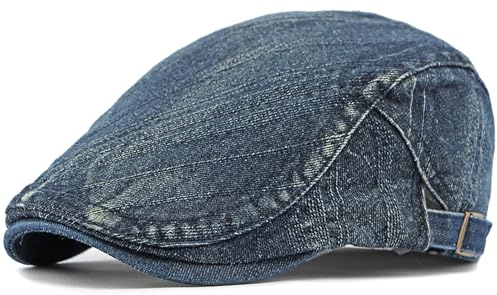 PTDTSHOU Mens Denim Newsboy Flat Cap Breathable Gatsby Ivy Driving Hat Adjustable Cotton Golf Cap, Navy Blue, One size