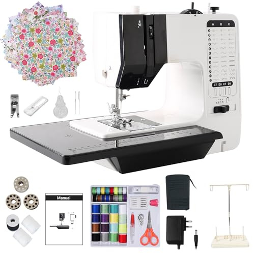 Mini macchina da cucire elettrica, macchina da cucire domestica con set da 42 pezzi, patchwork 25 pezzi, supporto filo e spina, 12 punti integrati, 6 strati Denim Power