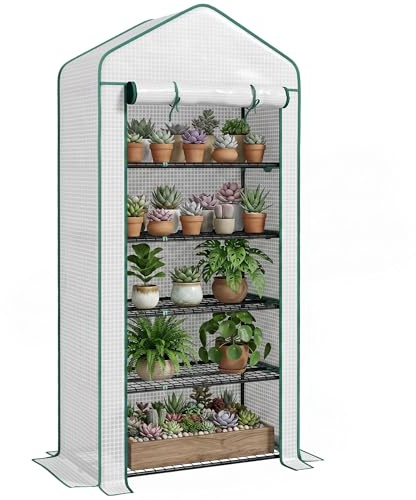 Outsunny Invernadero de Jardín de 5 Niveles Invernadero Pequeño Exterior con Puerta Enrollable con Cremallera Anti-UV Diseño Ensanchado y Estantes para Cultivo de Plantas Flores 90x49x193 cm Blanco