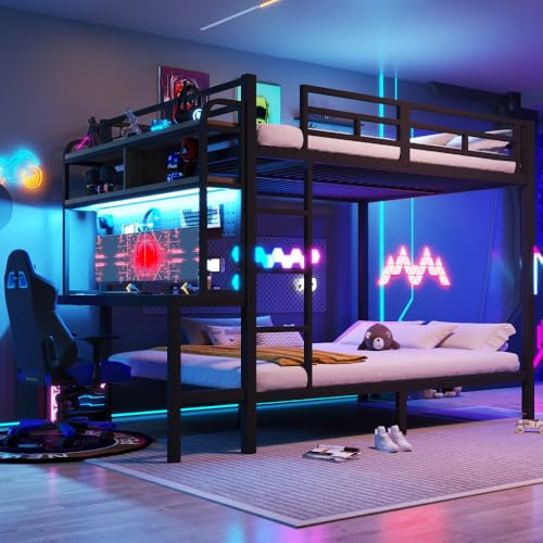 Lit superposé Enfant 140 x 200 cm avec LED et Port USB,lit Mezzanine 2 Places,lit superposé 2 Places lit Double Enfant,lit Enfant avec Rangement,avec Compartiments de Rangement et Bureau,Noir