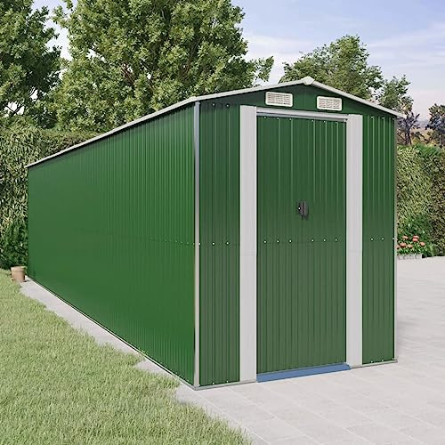 Grönt verktygsskjul av galvaniserat stål 192 x 772 x 223 cm med gott om lagringsutrymme, väderbeständig, låsbar, perfekt som trädgårdshus, verktygsskjul och cykelgarage för utomhus och terrass