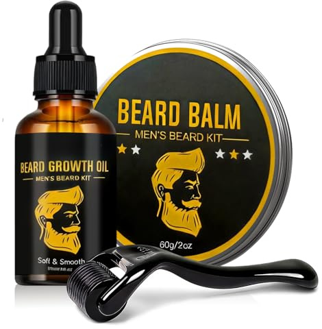 Crece Barba Kit, Crece Barba cuidado Kit, Aceite Barba Balsamo Barba Con Rodillo, Crecimiento Barba Y El Crecimiento Cabello, Regalo Ideal para Hombres o Padres