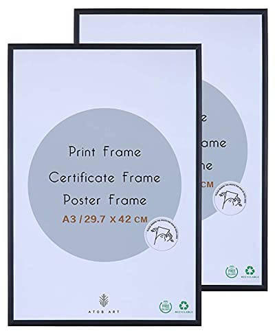 ATOBART Cornice per foto in alluminio nero A3 (29,7 x 42 cm) Frontale in perspex per montaggio a parete ad alta definizione in soggiorno, camera da letto, galleria, set di 2