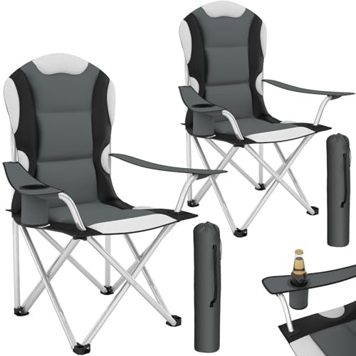 tectake®Set av två hopfällbar Campingstolar med dryckes & mobilhållare, vadderad fritidsstolar i vattenavvisande polyester, perfekt för camping, fiske, festival & resa Inkl. Bärväska -Grå
