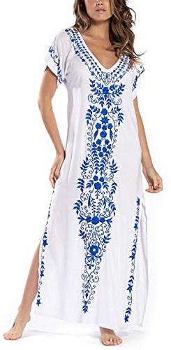 Orshoy Women Bathing Suit Cover Up Embroidery Print Kaftan Swimsuit Cover up Caftan Beach Long Dress D-White Embroidery