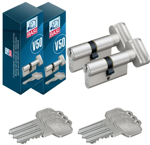 BASI Juego de 2 cilindros de cerradura V50 con pomo de 30/30 mm, cierre uniforme, cilindro perfilado, cilindro de puerta para puertas de entrada de casa, cerradura de cilindro con 3 llaves