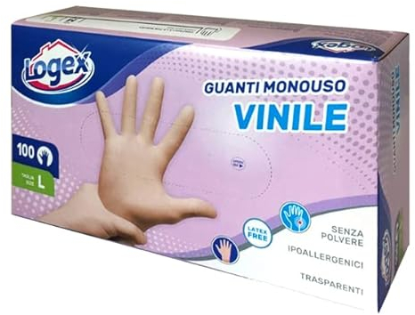 Scatola da 100 guanti monouso in vinile NON talcato Tg. L Logex
