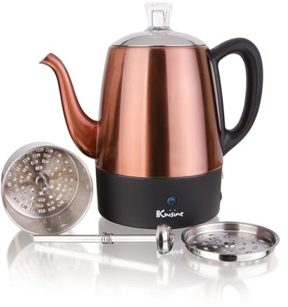 Euro Cuisine PER04 Stainless Steel Electric Coffee Percolator, 4 Cup, Polished Copper Finish, Dripless Gooseneck Spout, Clear Glass Knob, Brewing Indication, Keep-Warm Function, Detachable Cord