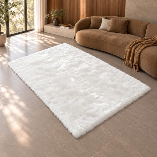 linmopm Faux Fur Rug White Sheepskin Shag 6x9 ft Rectangle | Fluffy Fuzzy, High-Density Cushion, For Bedroom Bedside Living Room, Plush Carpet, Sofa Cover