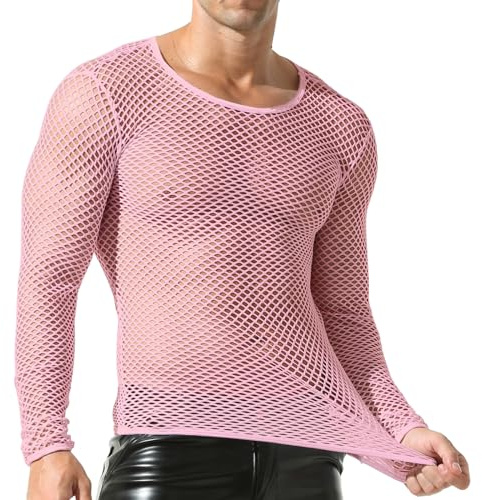 QiaTi Men's See Through T-Shirts Mesh Tops Fishnet Shirt Round Neck Undershirts Long Sleeve