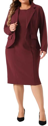 Agnes Orinda Plus Size Dress Suits for Women Two Piece Outfits Blazer Jacket and Sleeveless Dress Business Casual Suit Sets 3X Burgundy