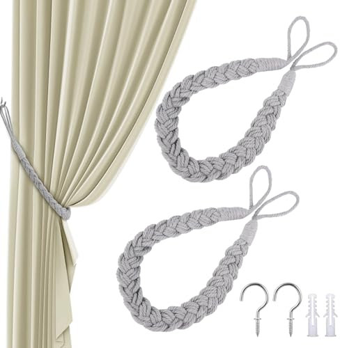 NVIYAM Raffhalter für Gardinen,2 Stück Curtain Rope Buckle, Baumwolle Strick Knoten Geflochtene Gardinen Halterung,Vorhang Halter für Wohnzimmer,Haus Office,Schlafzimmer-Grau