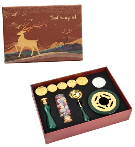 Kit de Cachet de Cire avec Coffret Cadeau, Ensemble de Timbres de Sceau de Cire, Kit de Fusion Cachet Cire avec 6 Moules,Cuillère à Cire, Perles de Cire D'étanchéité pour Cartes, Lettres