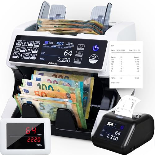 Jubula MV-500 Geldzählmaschine für gemischte Geldscheine Bundle mit Jubula MPR-1| UV/MG/IR/DD/2CIS usw. | EUR USD GBP usw. | Banknotenzähler | Geldzähler | Banknotenzählmaschine (MV-500+Printer)