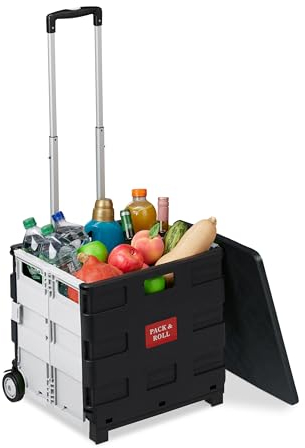 Relaxdays Carro de la Compra Plegable, Carrito de Transporte con Ruedas y Asa Telescópica, hasta 35 kg, Negro/Blanco, 98 x 44 x 38 cm