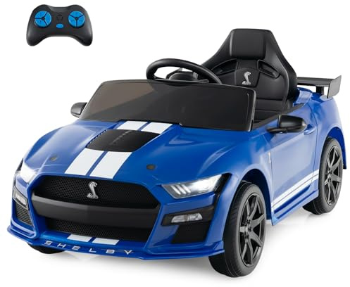 COSTWAY 12V Kids Electric Ride on Car with Remote Control, USB Port, Music, Light, Horn, Licensed Ford Mustang Shelby GT500 Battery Powered Toy Vehicle for Boys and Girls (Blue)
