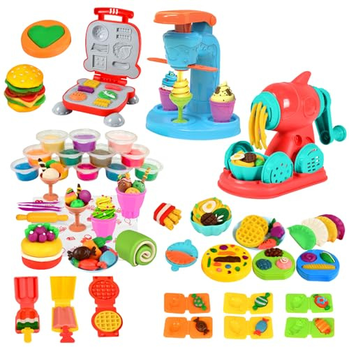 YATOSEEN 3-in-1-Spiel-Teig-Set, Eiscreme-, Nudel-, Hamburger-Maschine, Küchenkreationen, Lebensmittelspielzeug, Teigwerkzeug-Set mit 12 Farben, Teig für Kinder ab 3 Jahren