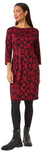 Roman Originals Shift Dress with Pockets for Women UK - Ladies Summer Autumn Winter Smart Casual Work Short 3/4 Sleeve Tunic Knee Length Pleated Gathered Waist Tea Loose - Red Black - Size 16