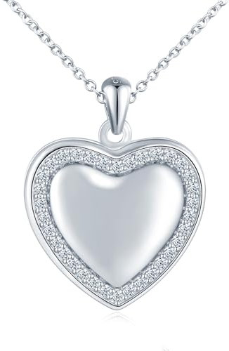 Herz Foto Kette Silber 925 mit Bild: Halskette Damen Mädchen mit Zirkon Rand Medaillon zum Öffnen für Bilder-Anhänger Ketten Amulett Schmuck-Liebe Geschenk für Frauen Mama Freundin Tochter Silber
